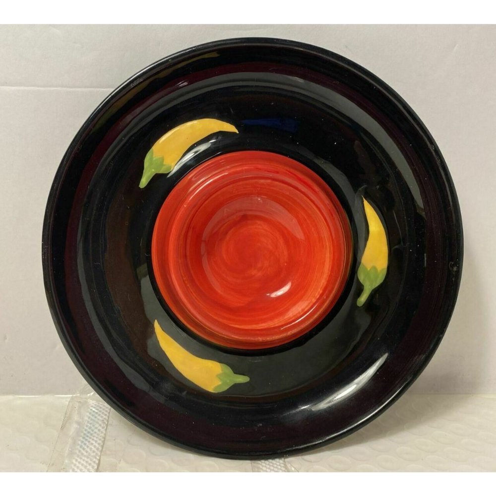 Black & Red Ceramic Margarita Salt Dish with Yellow Chili Peppers - 6 1/4 inch w